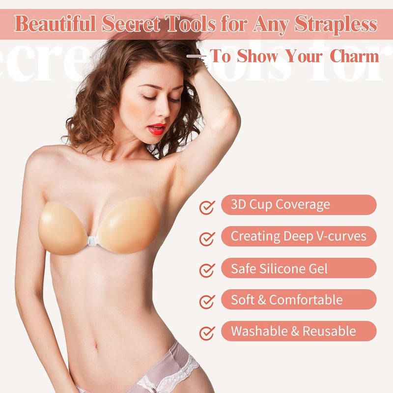 Premillow Adhesive Bra Strapless Sticky Bra Push Up 2 Pairs Invisible Silicone Bras with Pasties Nipple Covers for Women - Image 2